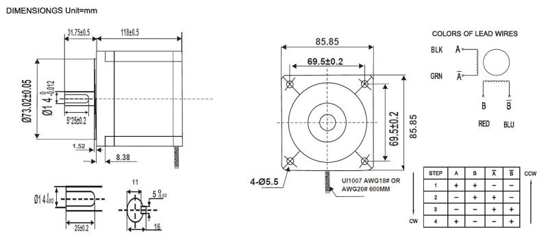 Dimensions and wiring diagram for the NEMA 34 8.5nm stepper motor